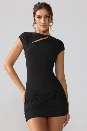 Mesh Cap Sleeve Cut Out Mini Dress in Black Dresses - sundresses outlet