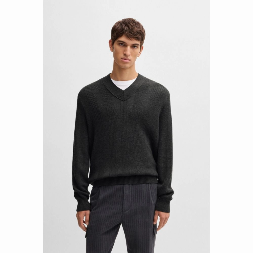 Mixed-structure V-neck sweater in wool