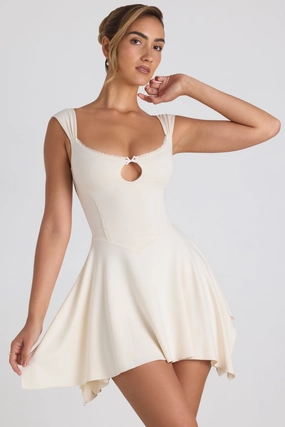 Modal Asymmetric Lace-Trim A-Line Mini Dress in Ivory Dresses - sundresses outlet
