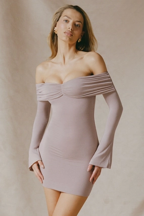 Modal-Cashmere Blend Off-Shoulder Ruched Mini Dress in Taupe Dresses - lace dresses best price