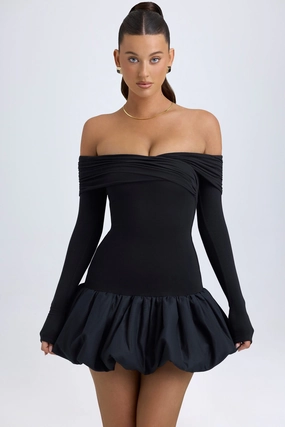 Modal Off-Shoulder Bubble Hem Mini Dress in Black Dresses - lace dresses best price