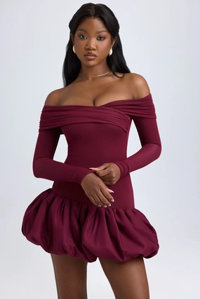 Modal Off-Shoulder Bubble Hem Mini Dress in Wine Red Dresses - lace dresses best price