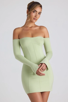 Modal Off-Shoulder Lace-Trim Mini Dress in Spring Green Dresses - wrap dresses discount
