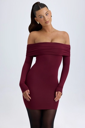 Modal Off-Shoulder Mini Dress in Wine Red Dresses - lace dresses best price