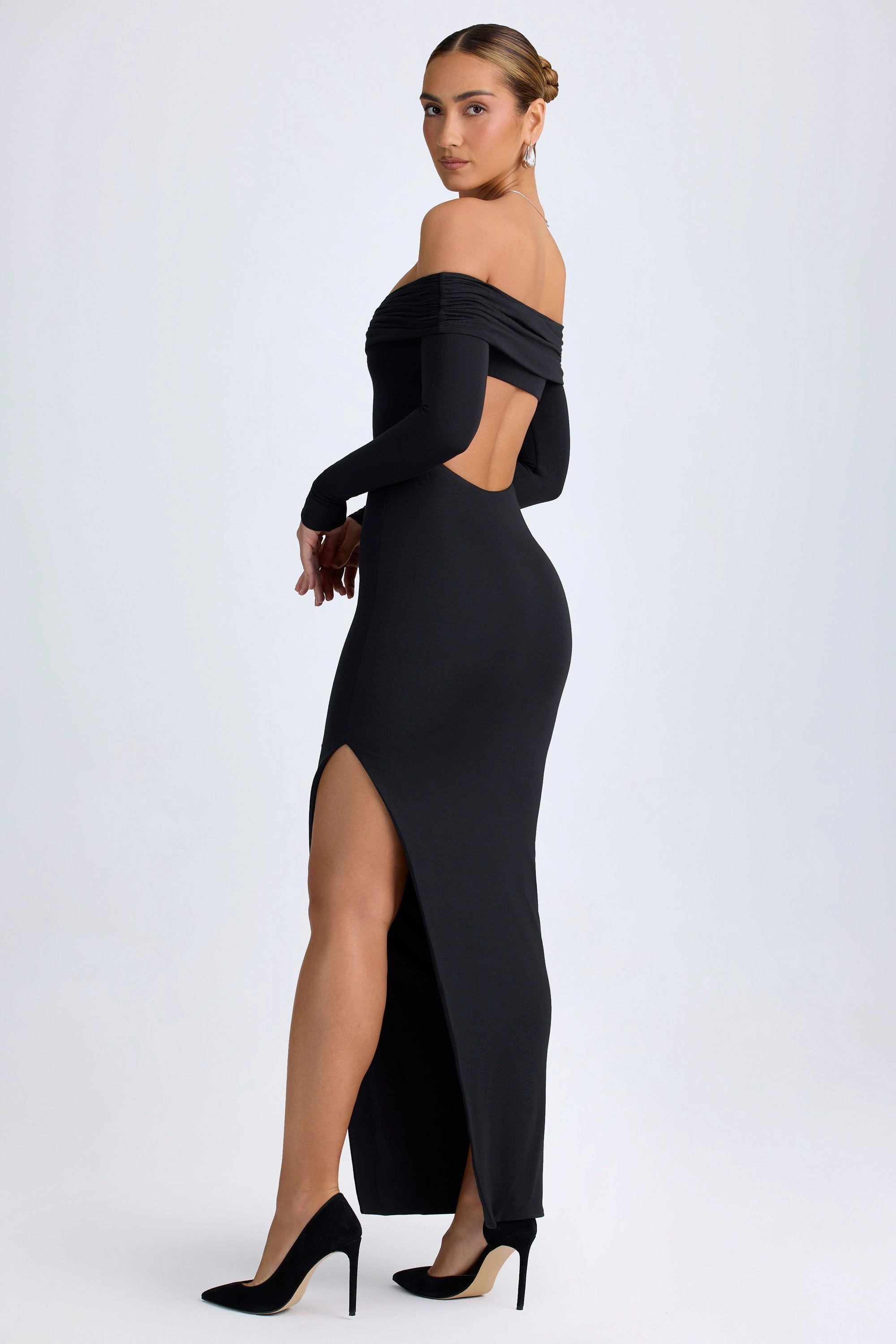 Modal Off-Shoulder Open-Back Maxi Dress in Black
