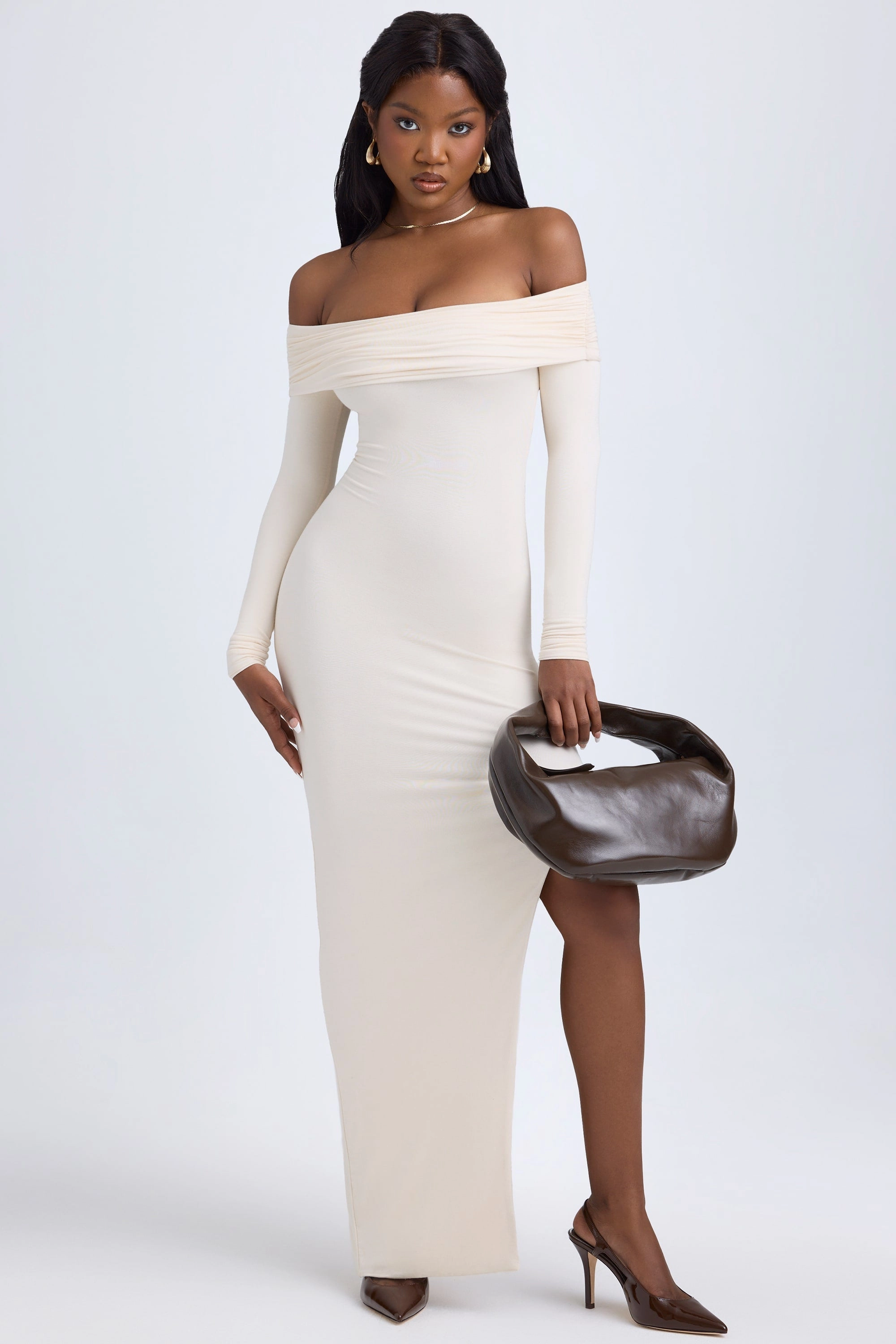 Modal Off-Shoulder Open-Back Maxi Dress in Ivory Dresses - sundresses outlet
