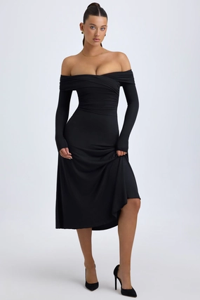 Modal Off-Shoulder Ruched Midaxi Dress in Black Dresses - sundresses outlet