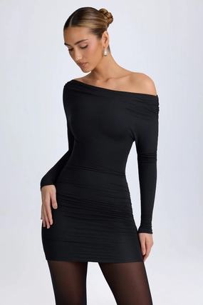 Modal Off-Shoulder Ruched Mini Dress in Black Dresses - lace dresses best price