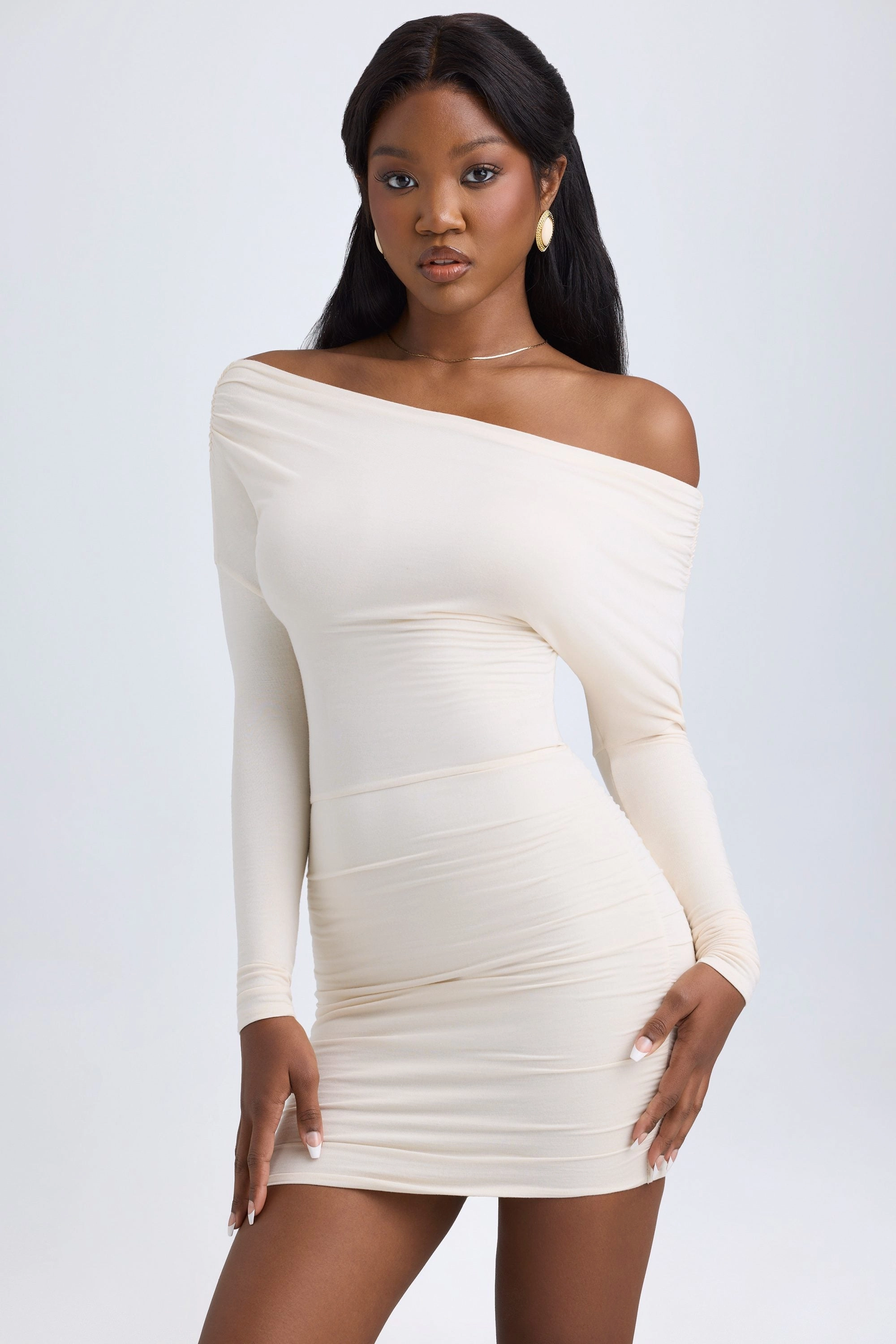 Modal Off-Shoulder Ruched Mini Dress in Ivory Dresses - lace dresses best price