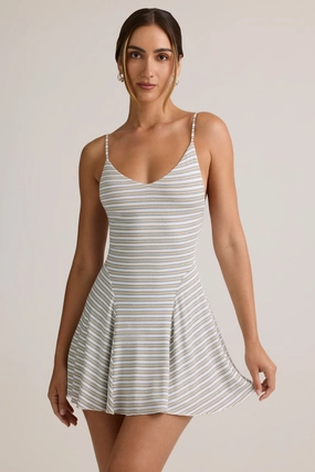 Modal Ribbed Tie-Back A-Line Mini Dress in Blue & Yellow Stripe Dresses - wrap dresses discount