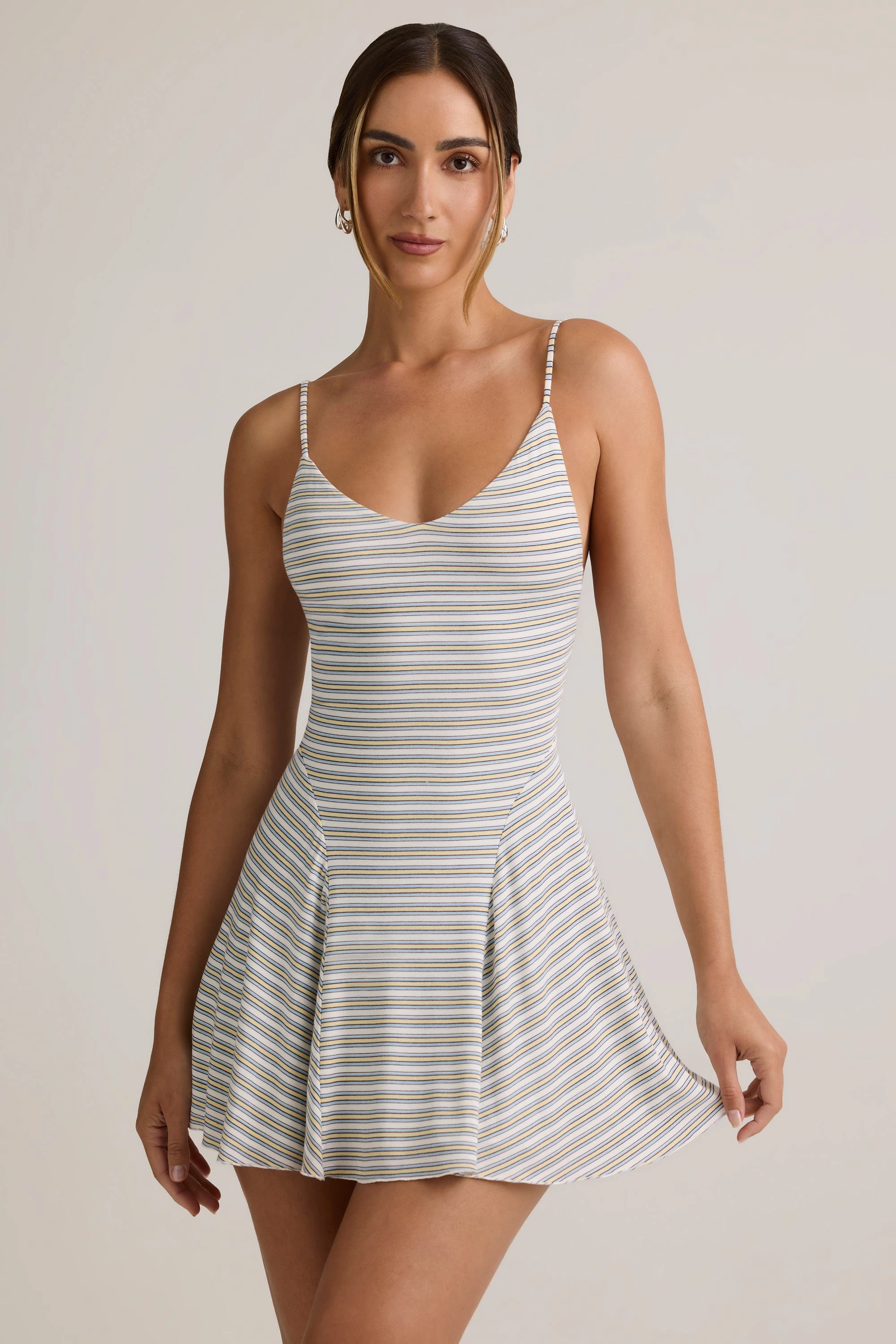 Modal Ribbed Tie-Back A-Line Mini Dress in Blue & Yellow Stripe Dresses - wrap dresses discount