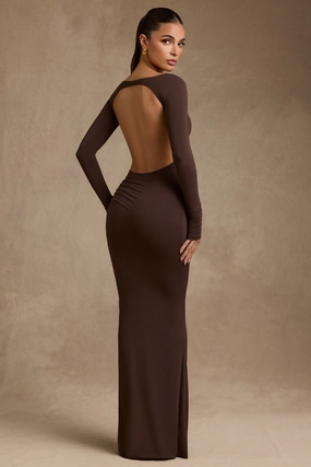 Modal Ruched Backless Maxi Dress in Chocolate Brown Dresses - sundresses outlet