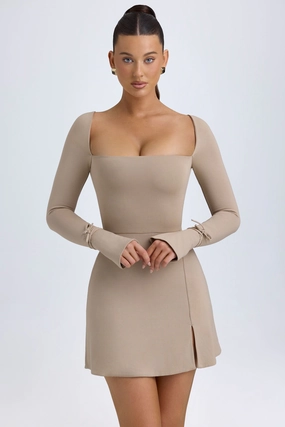 Modal Square-Neck A-Line Mini Dress in Taupe Dresses - lace dresses best price