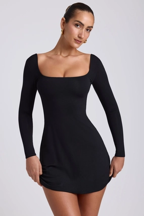 Modal Square Neck Long Sleeve Mini Dress in Black Dresses - sundresses outlet