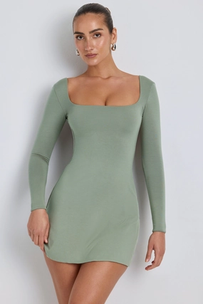 Modal Square Neck Long Sleeve Mini Dress in Sage Green Dresses - wrap dresses discount