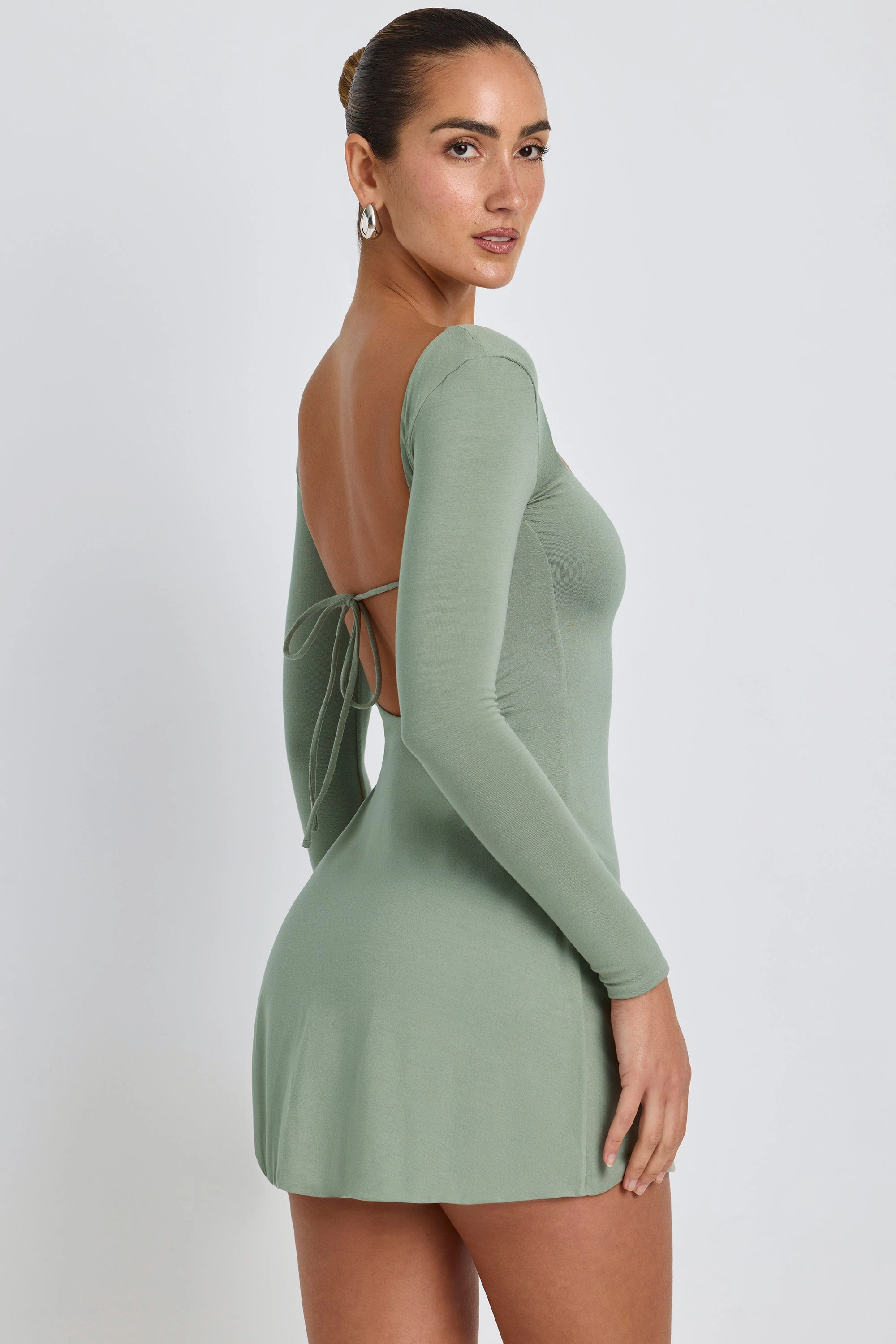 Modal Square Neck Long Sleeve Mini Dress in Sage Green