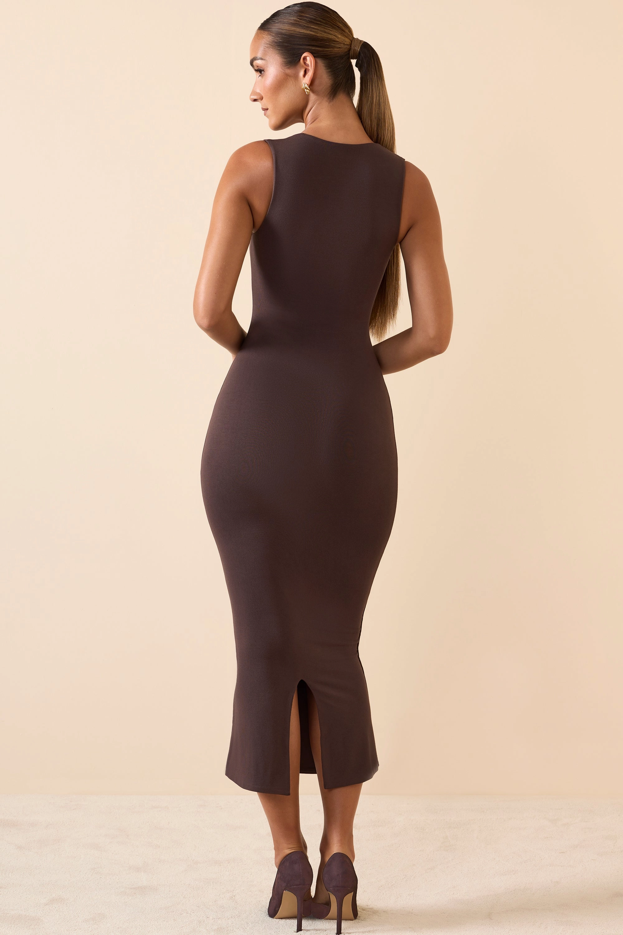 Modal Square-Neck Midi Dress in Chocolate Brown