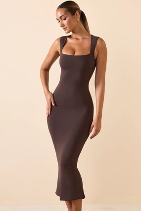 Modal Square-Neck Midi Dress in Chocolate Brown Dresses - sundresses outlet