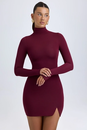 Modal Turtleneck Mini Dress in Wine Red Dresses - lace dresses best price