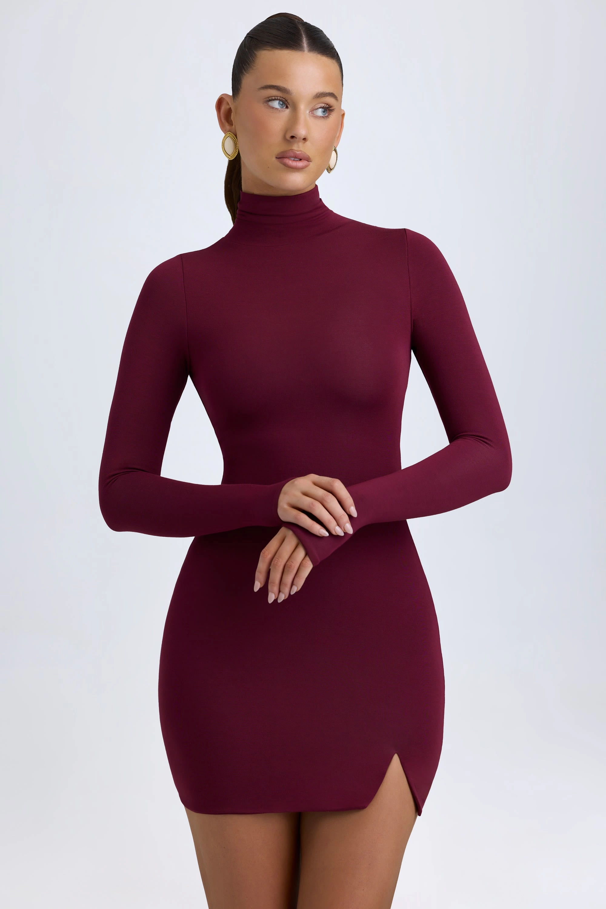 Modal Turtleneck Mini Dress in Wine Red Dresses - lace dresses best price