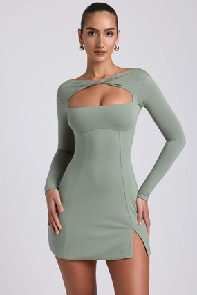 Modal Twist-Front Long-Sleeve Mini Dress in Sage Green Dresses - wrap dresses discount