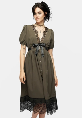 Mortuary Lace Button Up Midi Dress in Tea Leaf Dresses Womens - beach dresses cheap