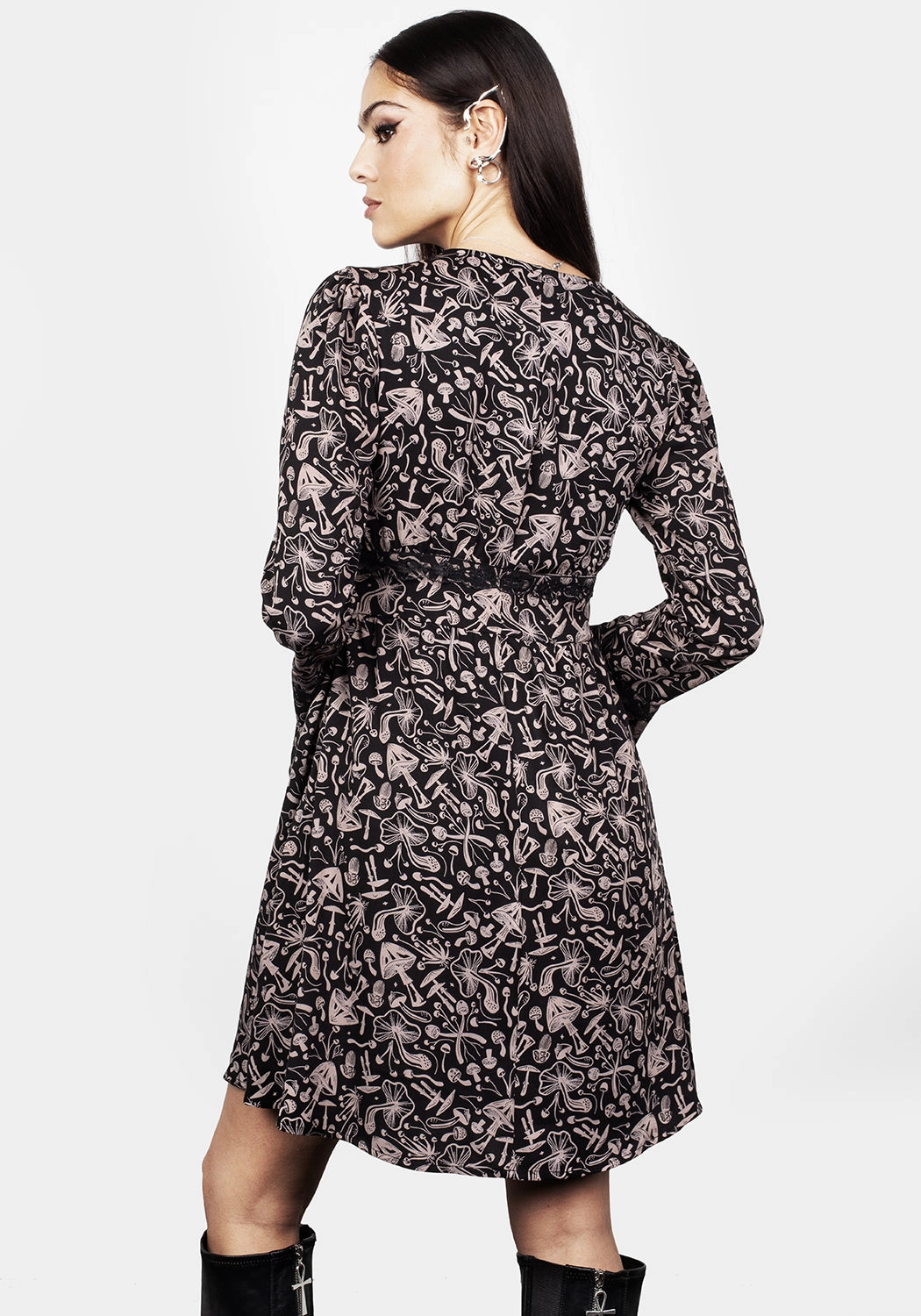 Mycophile Mushroom Print Mini Ruffle Dress