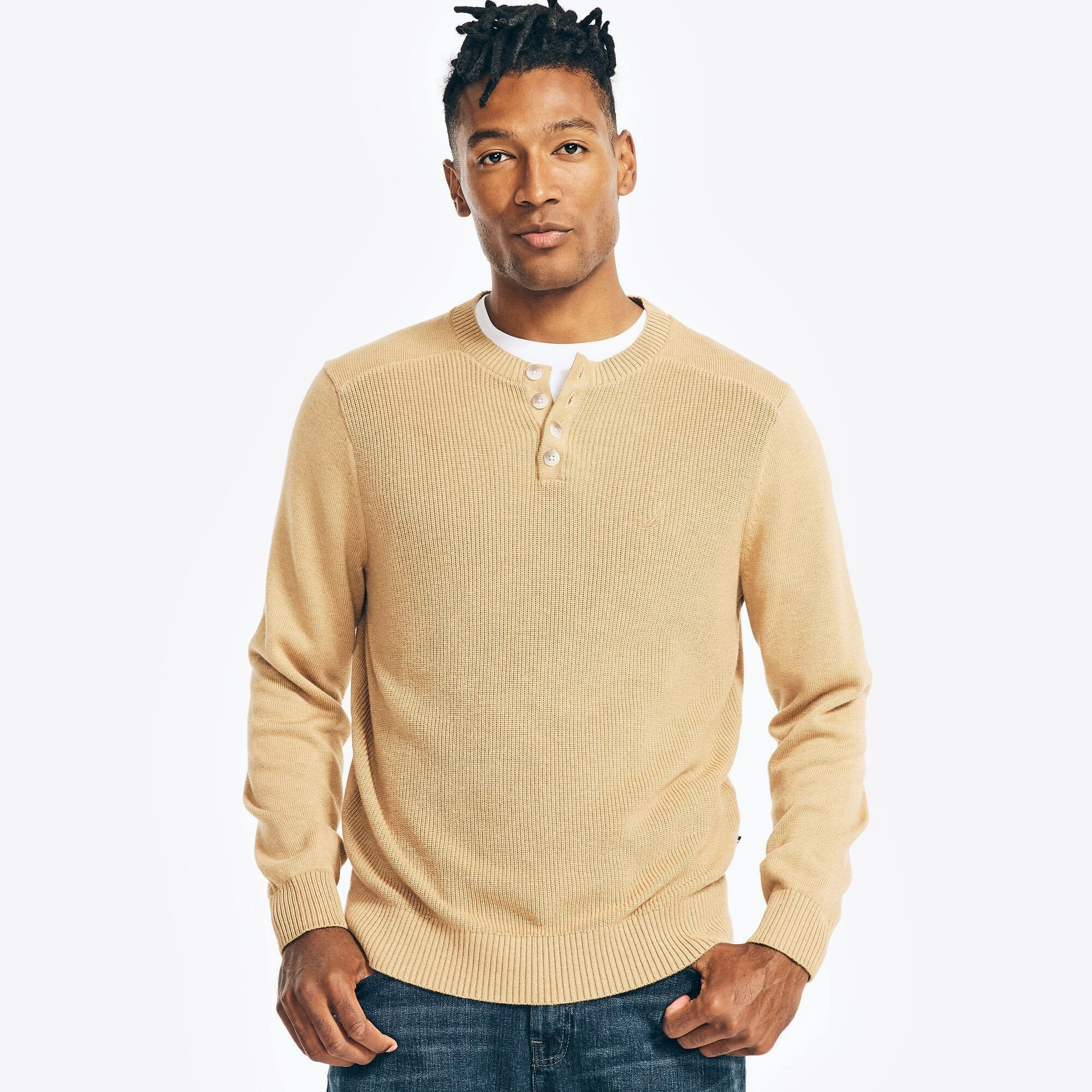 Nautica Mens Long-Sleeve Henley Sweater chunky knit discount