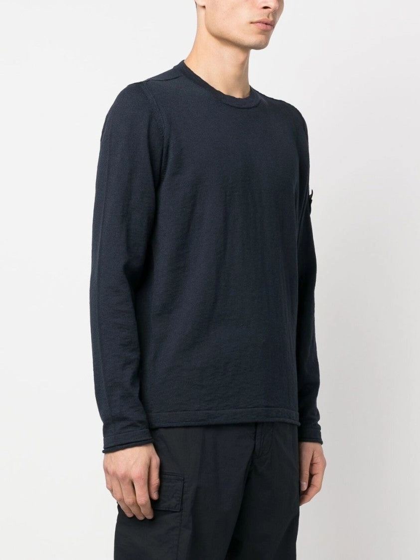 Navy Blue Cotton Blend Sweater With Ribbed Detailing