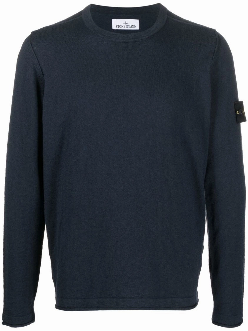 Navy Blue Cotton Blend Sweater With Ribbed Detailing