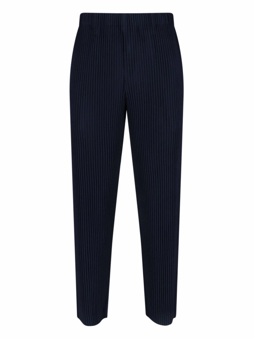 Navy Pleated High-Waisted Trousers With Two Side Pockets