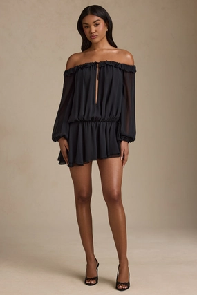 Off-Shoulder Asymmetric Balloon-Sleeve Mini Dress in Black Dresses - sundresses outlet