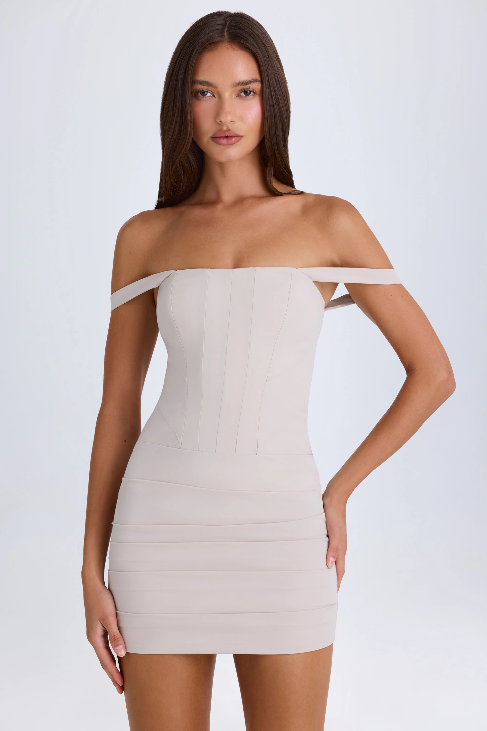 Off-Shoulder Corset Mini Dress in Taupe Dresses - wrap dresses discount