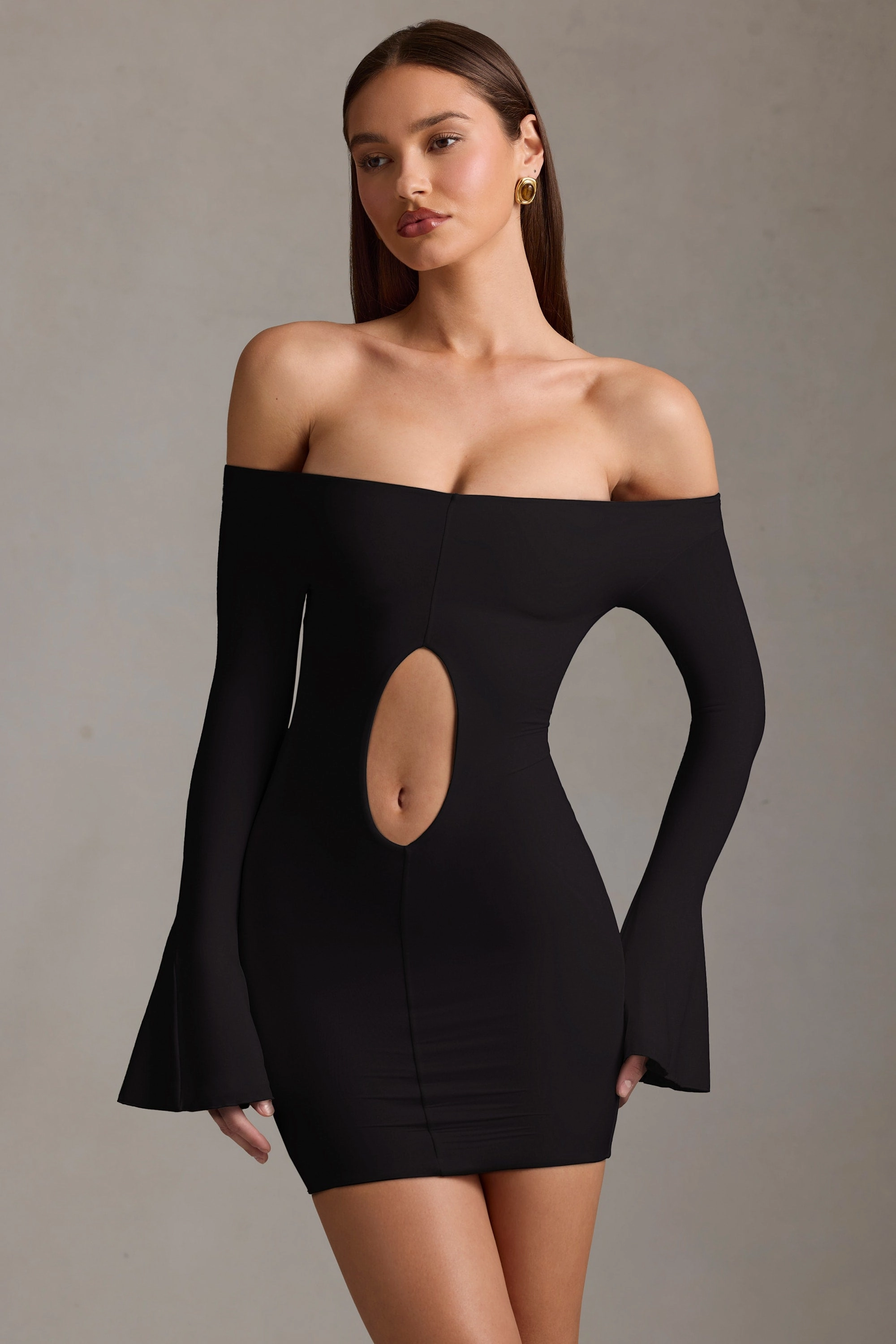 Off-Shoulder Cut-Out Mini Dress in Black Dresses - lace dresses best price