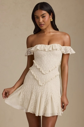 Off-Shoulder Lace A-Line Mini Dress in Ivory Dresses - sundresses outlet