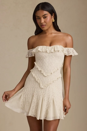 Off-Shoulder Lace A-Line Mini Dress in Ivory Dresses - lace dresses best price