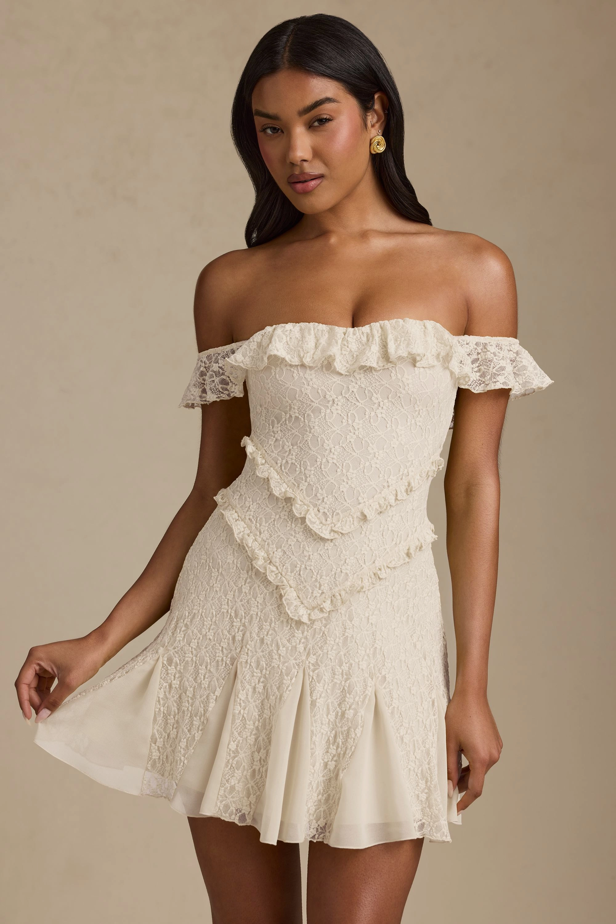 Off-Shoulder Lace A-Line Mini Dress in Ivory Dresses - sundresses outlet