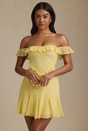 Off-Shoulder Lace A-Line Mini Dress in Pastel Yellow Dresses - lace dresses best price