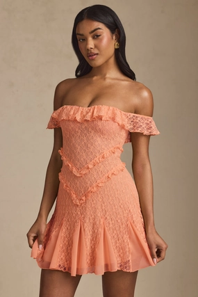 Off-Shoulder Lace A-Line Mini Dress in Peach Dresses - lace dresses best price