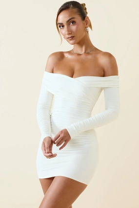 Off-Shoulder Ruched Bodycon Mini Dress in Vanilla Dresses - lace dresses best price