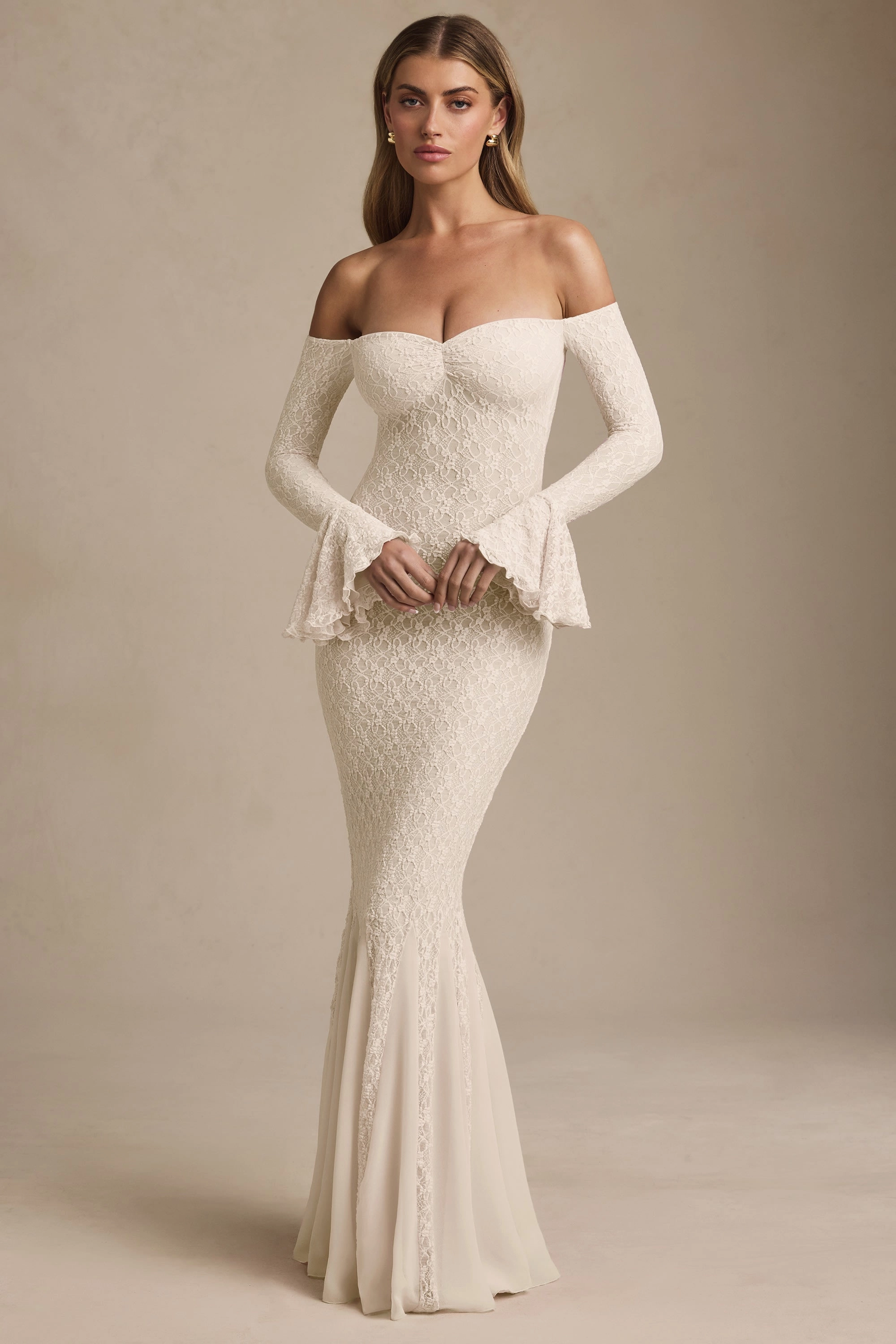 Off-Shoulder Ruffle Lace Maxi Dress in Ivory Dresses - sundresses outlet