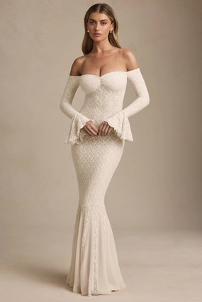 Off-Shoulder Ruffle Lace Maxi Dress in Ivory Dresses - sundresses outlet