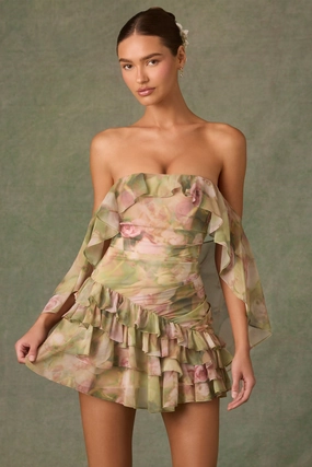 Off-Shoulder Ruffled Mini Dress in Floral Multi Print Dresses - lace dresses best price