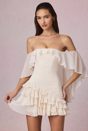 Off-Shoulder Ruffled Mini Dress in Ivory Dresses - lace dresses best price