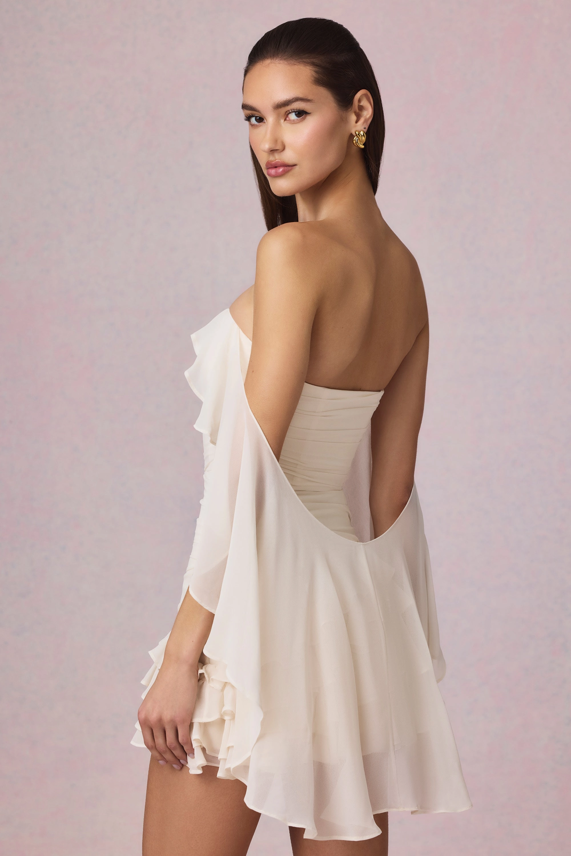 Off-Shoulder Ruffled Mini Dress in Ivory