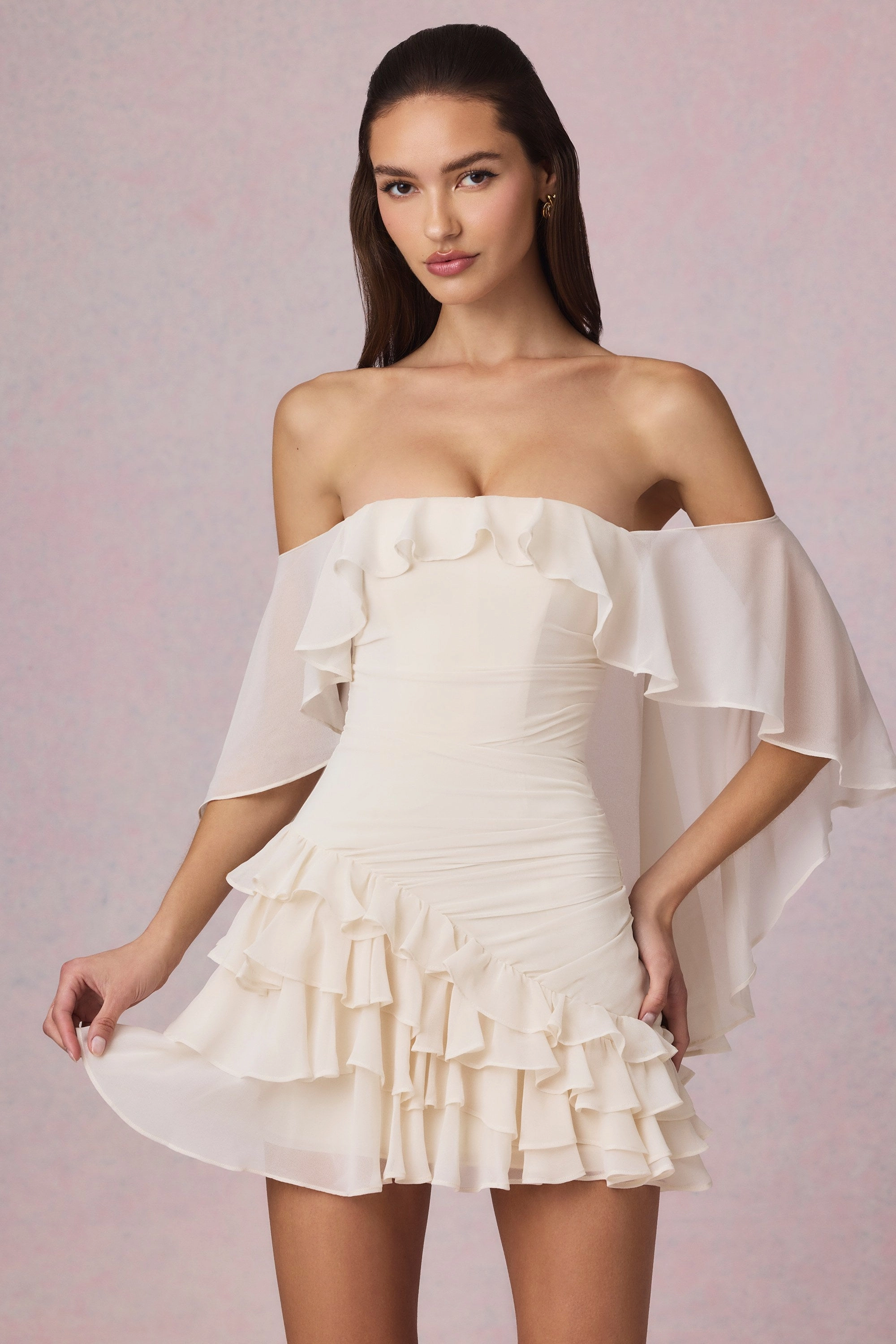 Off-Shoulder Ruffled Mini Dress in Ivory Dresses - lace dresses best price