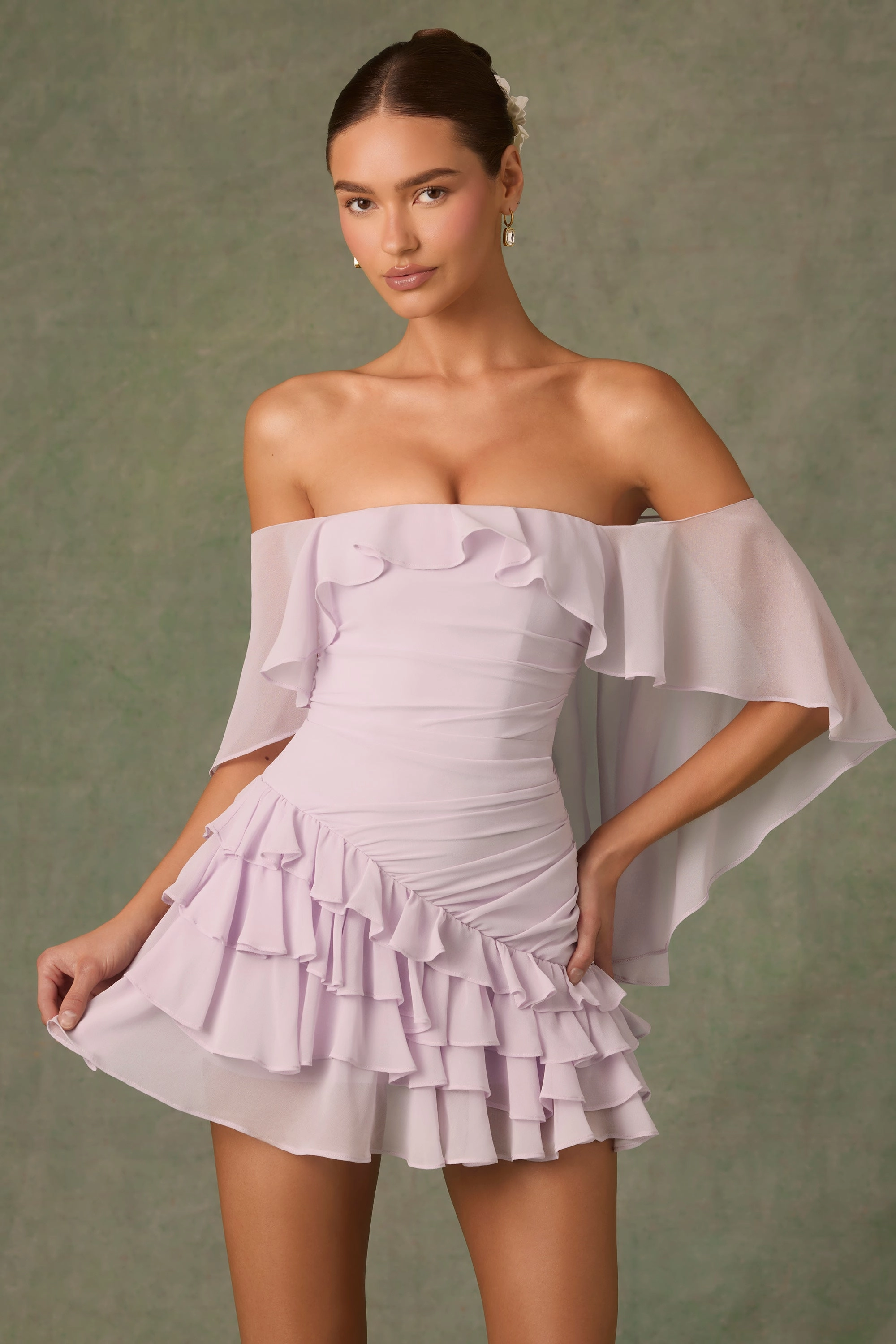 Off-Shoulder Ruffled Mini Dress in Lilac Dresses - lace dresses best price