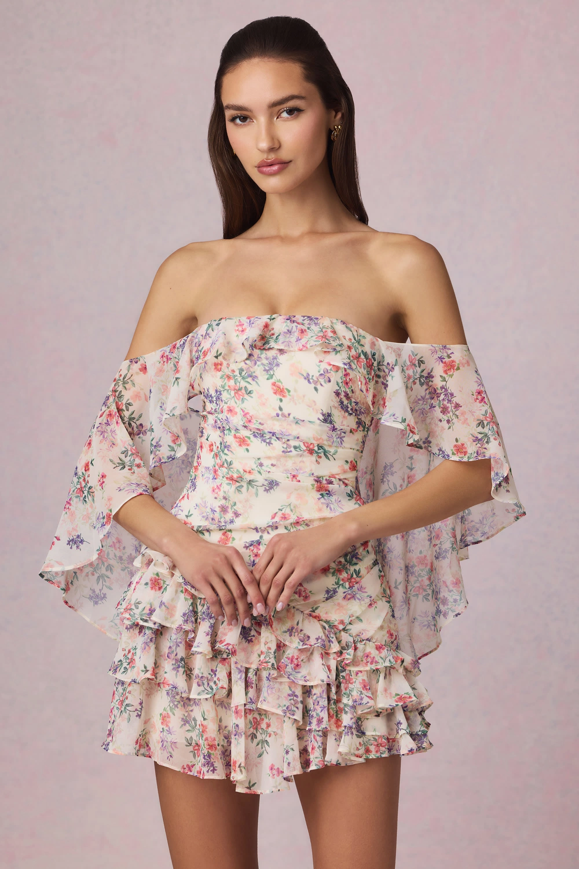 Off-Shoulder Ruffled Mini Dress in Primrose Floral Print