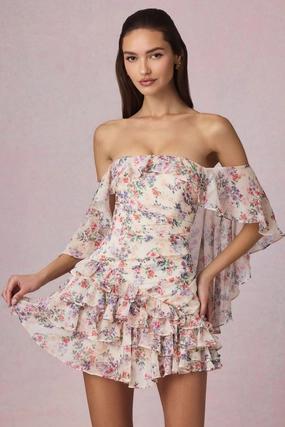 Off-Shoulder Ruffled Mini Dress in Primrose Floral Print Dresses - lace dresses best price