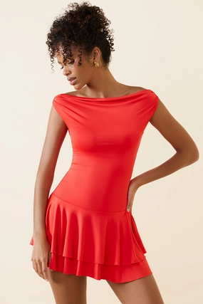Off-Shoulder Ruffled Mini Dress in Scarlet Dresses - wrap dresses discount